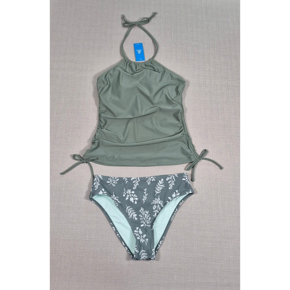 Cupshe Olive Green Ruched Halter Tankini Floral Bottom Swimsuit Set Size M